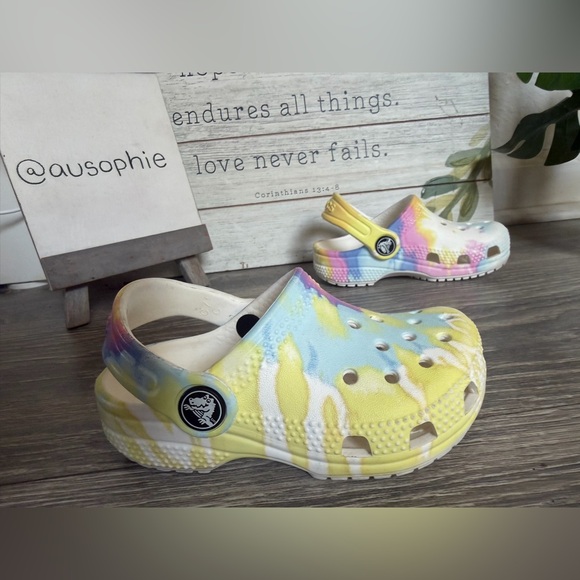Crocs Kids Rainbow Pink Blue & Yellow Tie Dye Slip On Shoes. Size C 7. - Picture 2 of 9